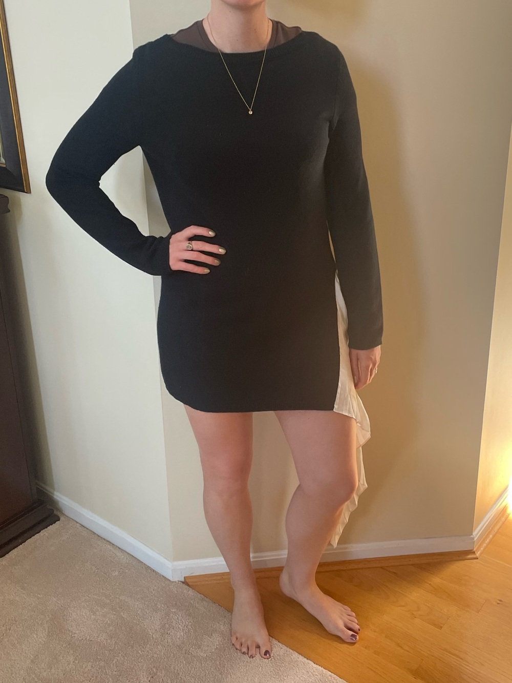 Vionnet Black Knit Mini Dress with Ivory Asymmetrical Ruffle